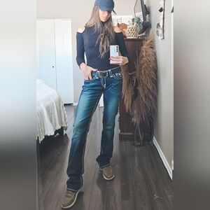 True Religion Billy Bootcut Jeans Dark Wash White Stitch Flap Pocket Lowrise Y2K